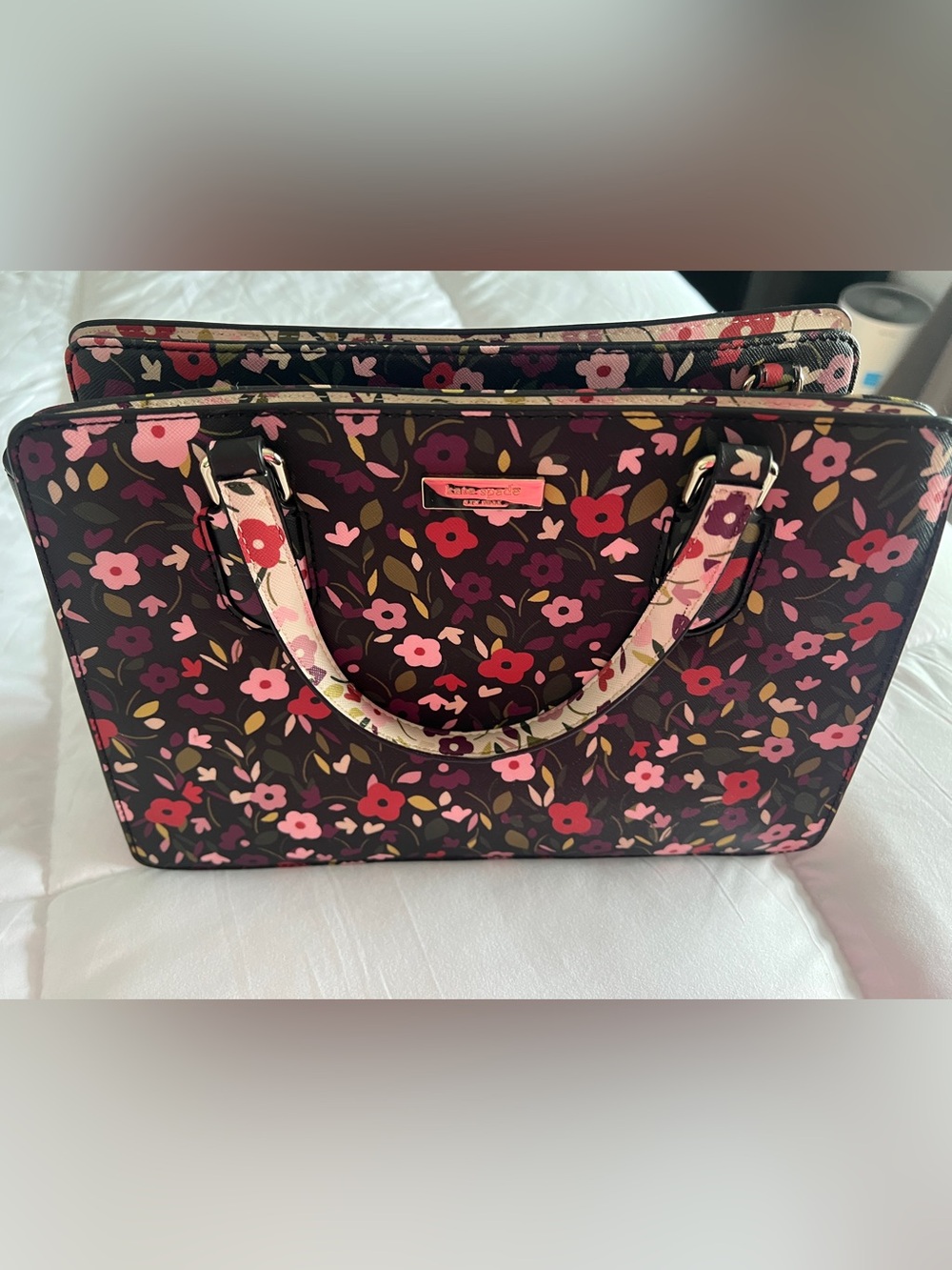 kate spade Floral Top-Handle Tote in Black with Pink Accents